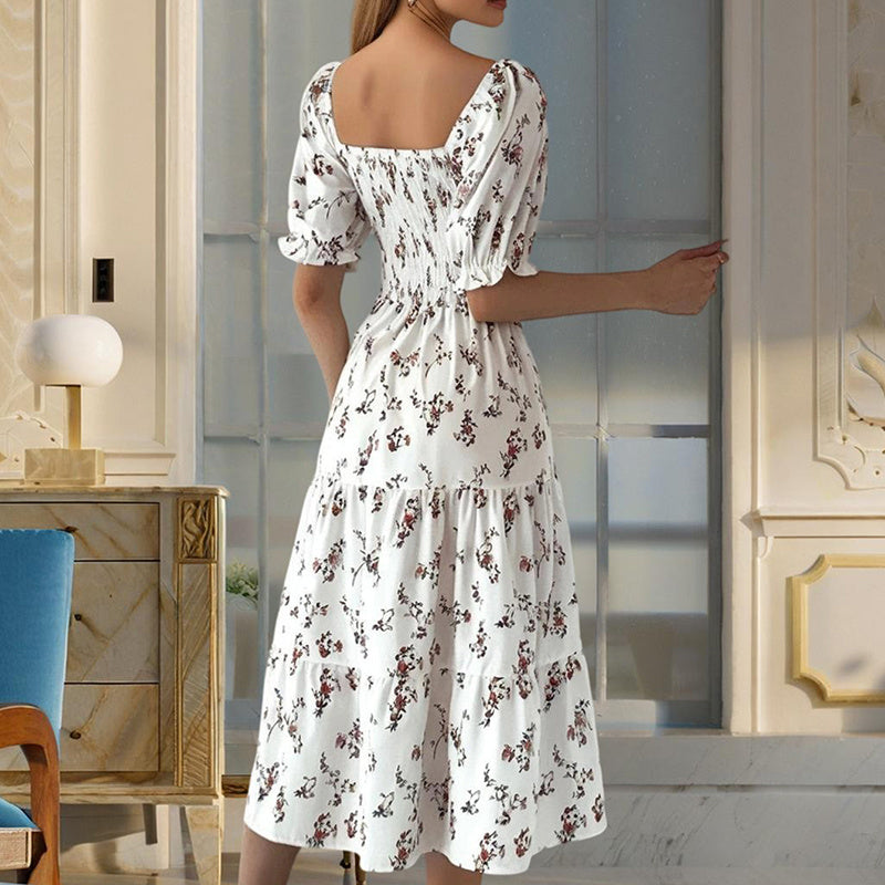 Boho Floral Smocked Summer Dress – Square Neck & Ruffled Sleeves