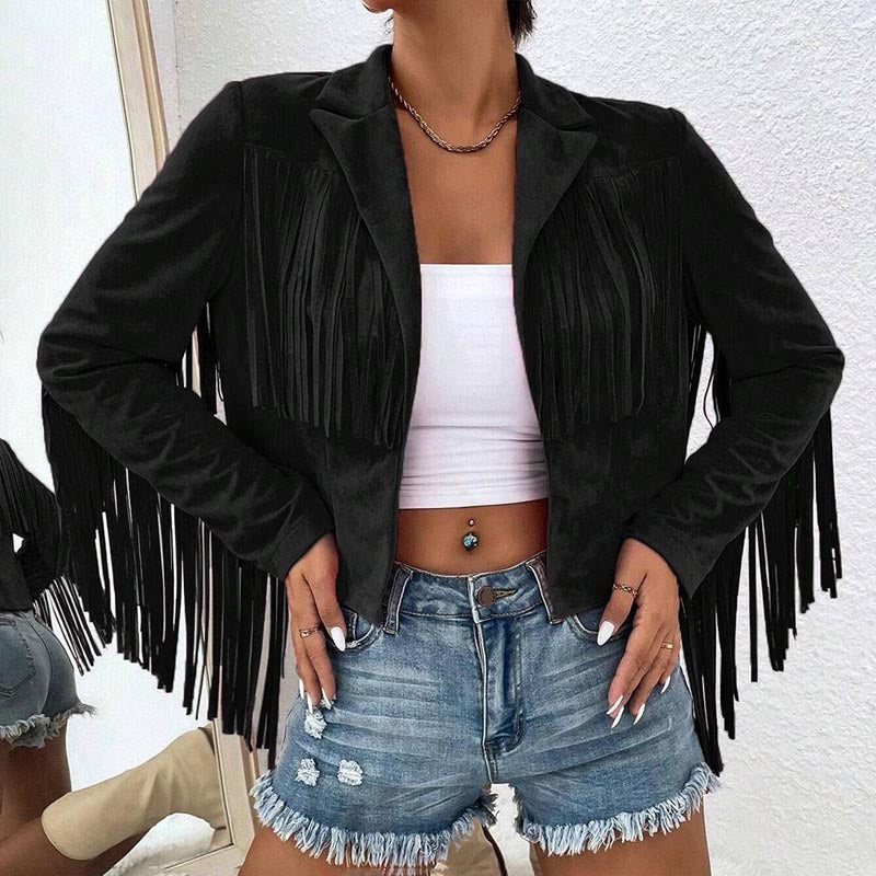 Boho Fringe Lapel Jacket - Stylish Tassel Detail