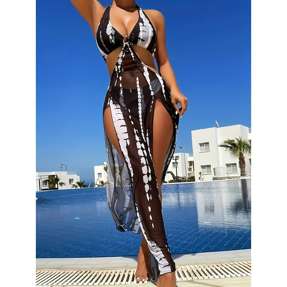 Striped Mesh Three-Piece Bikini Set