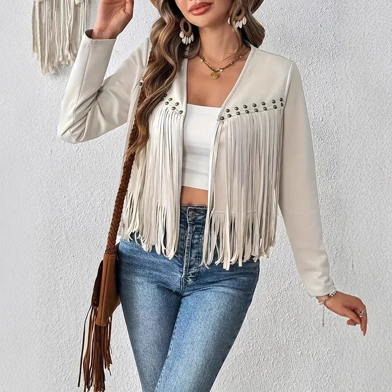 Western Fringe Crop Jacket - Open Front Cardigan