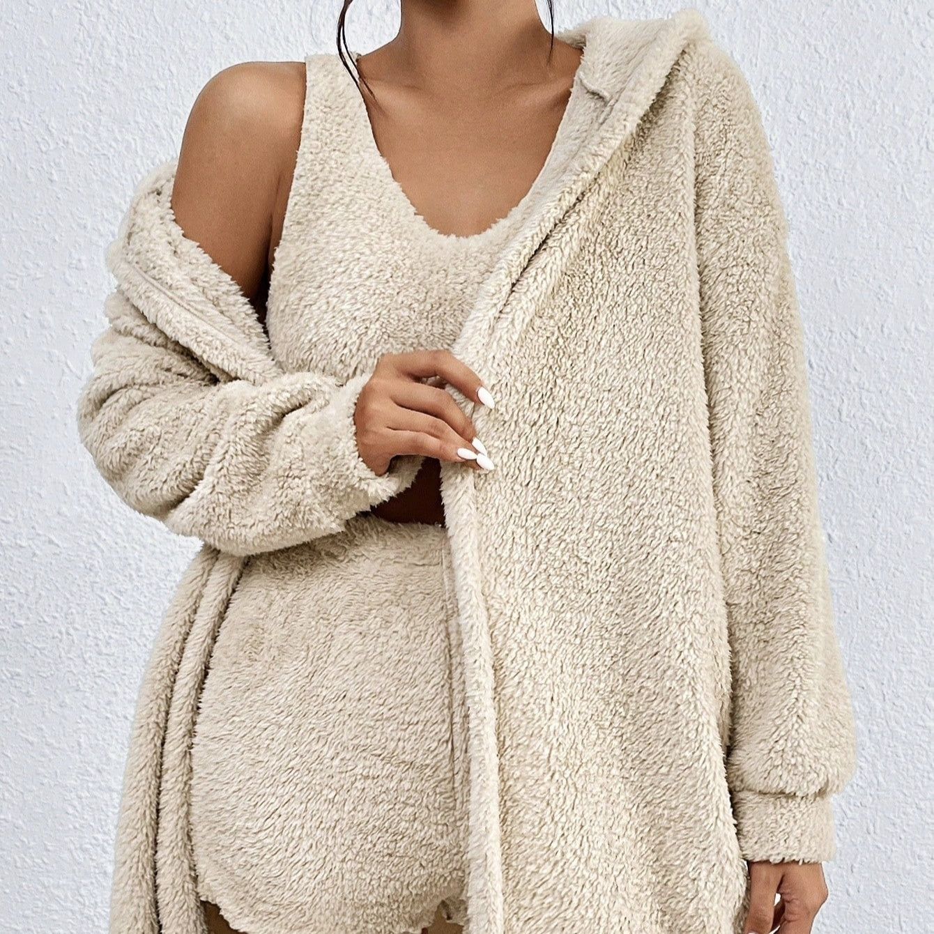 Cozy Winter 3-Piece Lounge Set – Plush Crop Top, Shorts & Warm Coat