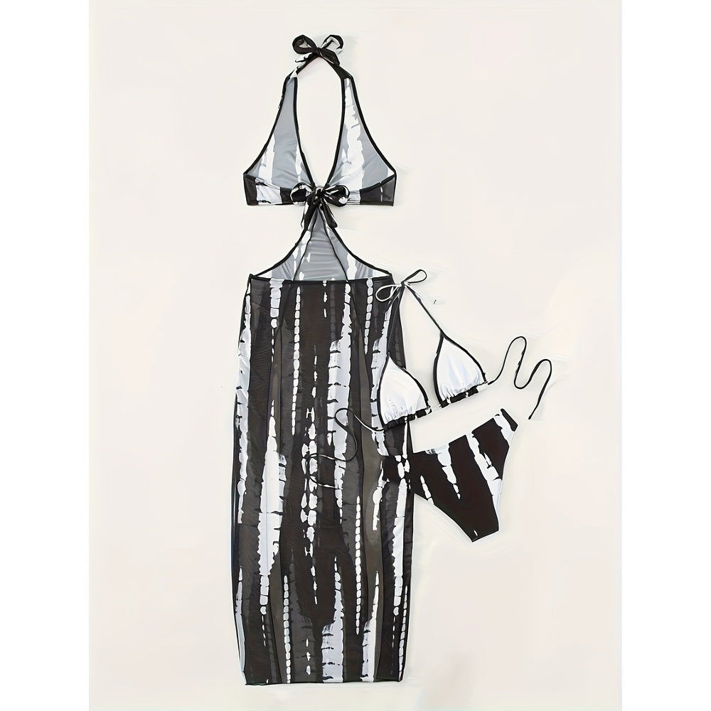 Striped Mesh Three-Piece Bikini Set