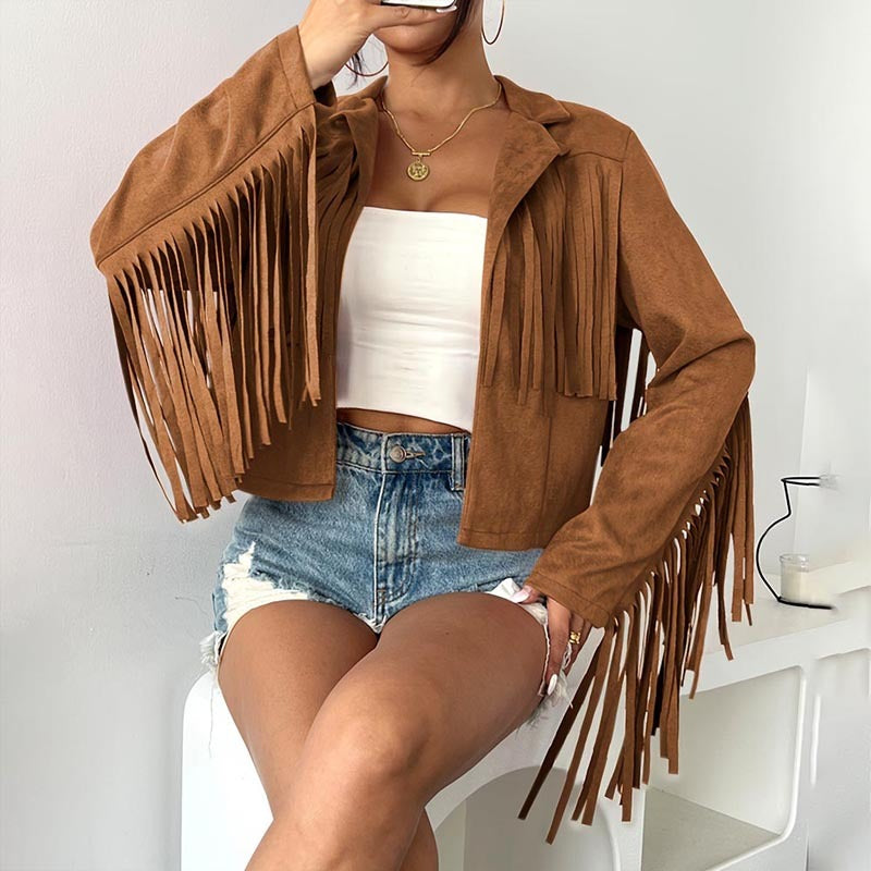 Boho Fringe Lapel Jacket - Stylish Tassel Detail