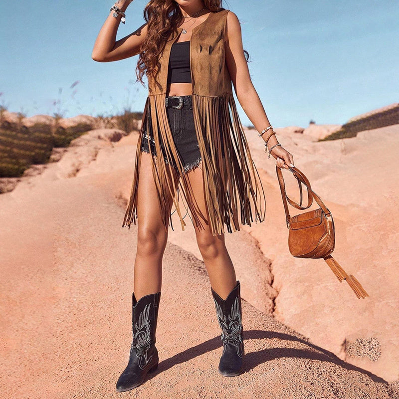 Elegant Western Fringe Vest - Round Neck Side Slit Hem With Boho Tassel Details