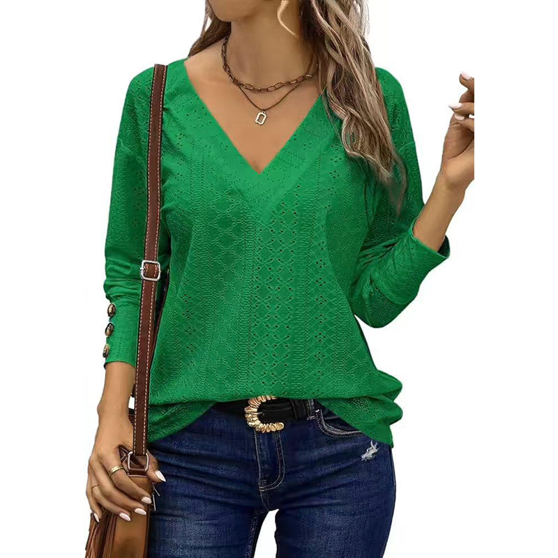 Boho Chic Long Sleeve Eyelet V-Neck Top