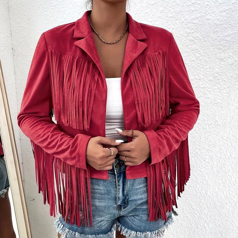 Boho Fringe Lapel Jacket - Stylish Tassel Detail