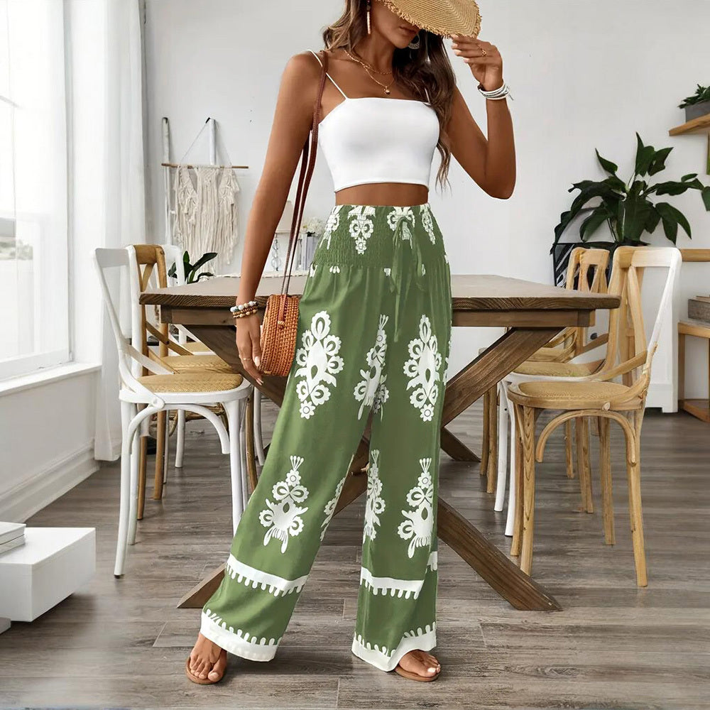 Santorini Days Elegant Women's High-Waisted Wide-Leg Pants With White Geometric Print - Casual Summer Trousers