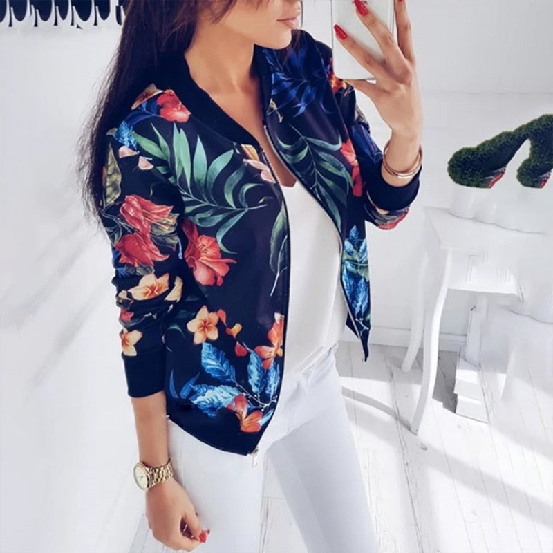 Botanical Breeze Zip-Up Jacket - Round Neck Long Sleeve Jacket