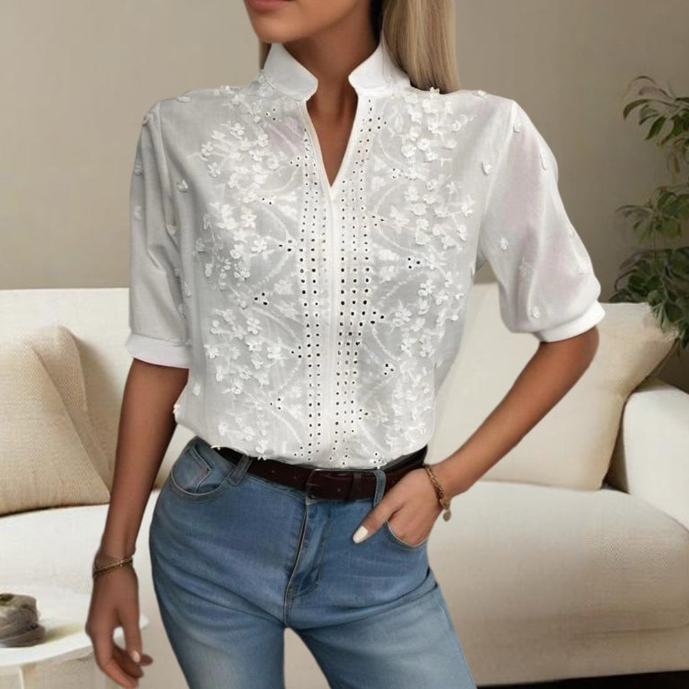 Pure Elegance Sheer Lace V-Neck Top - White Short Sleeve Blouse
