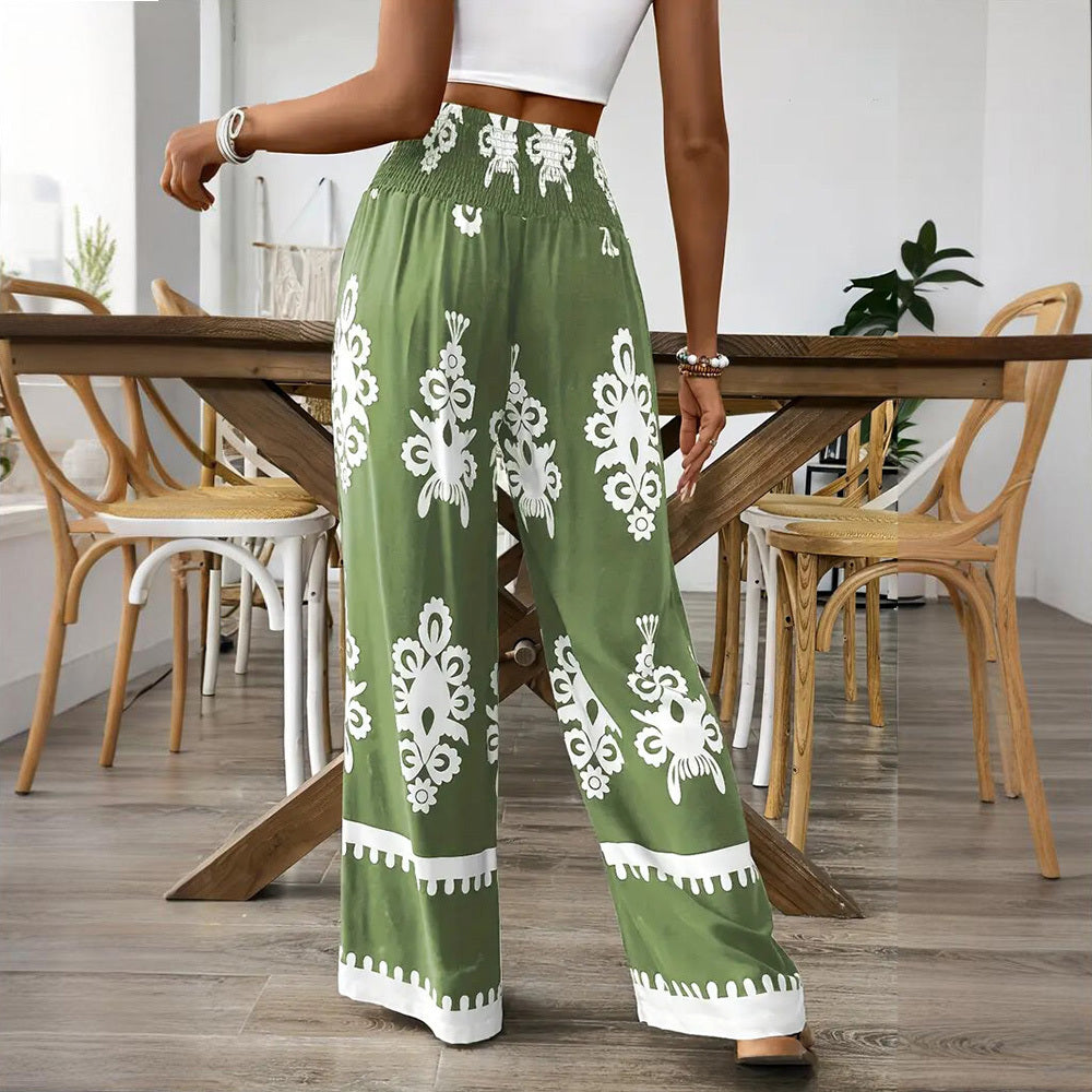 Santorini Days Elegant Women's High-Waisted Wide-Leg Pants With White Geometric Print - Casual Summer Trousers