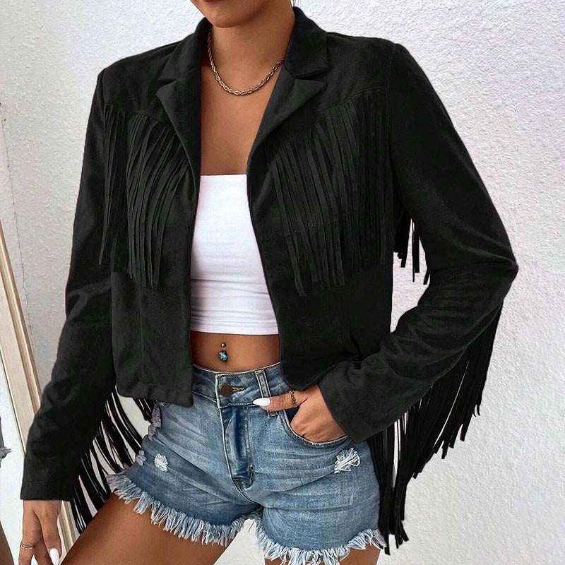 Boho Fringe Lapel Jacket - Stylish Tassel Detail