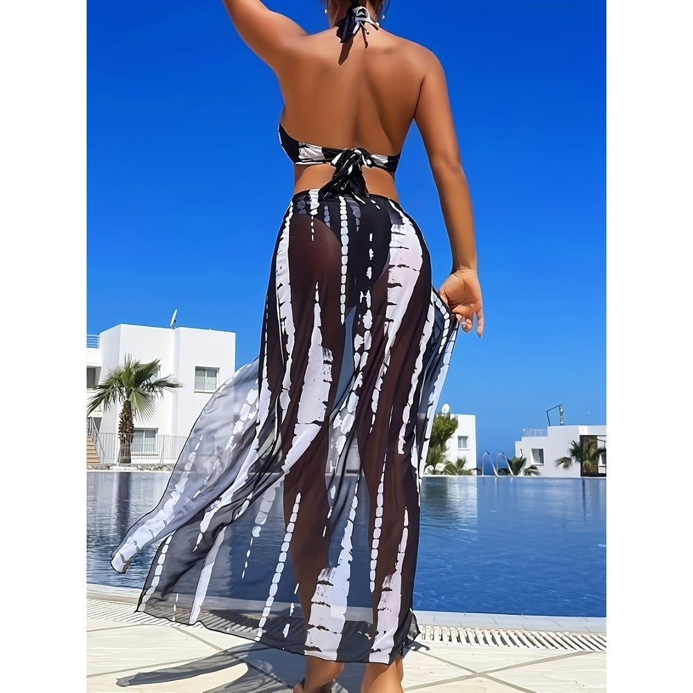 Striped Mesh Three-Piece Bikini Set