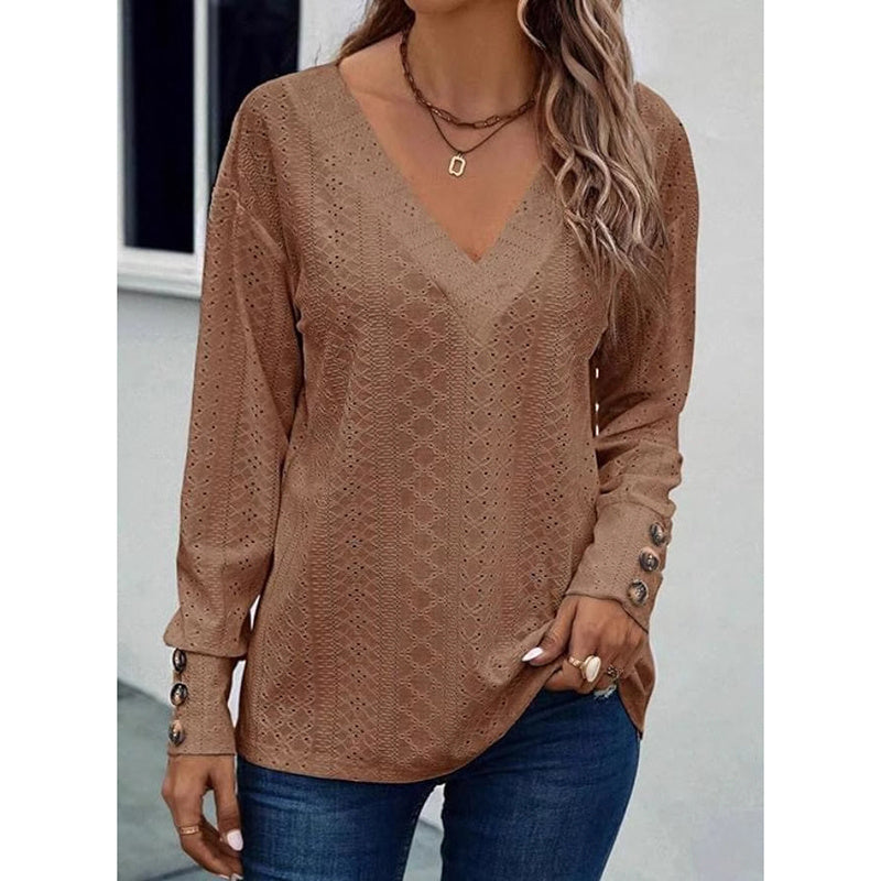 Boho Chic Long Sleeve Eyelet V-Neck Top
