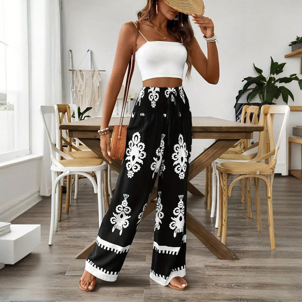 Santorini Days Elegant Women's High-Waisted Wide-Leg Pants With White Geometric Print - Casual Summer Trousers
