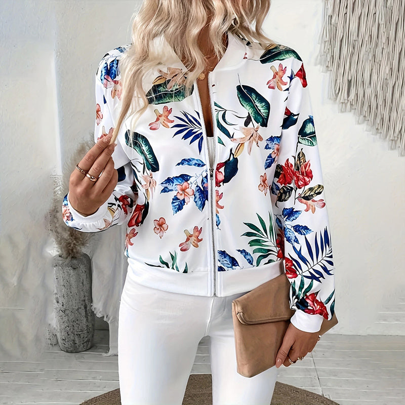 Botanical Breeze Zip-Up Jacket - Round Neck Long Sleeve Jacket