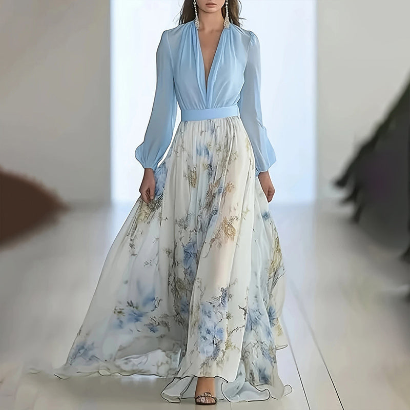 Boho Floral V-Neck Maxi Dress – Long Sleeve Summer Vacation Dress