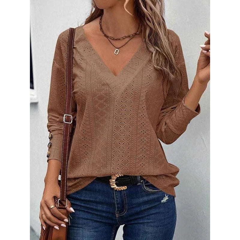 Boho Chic Long Sleeve Eyelet V-Neck Top