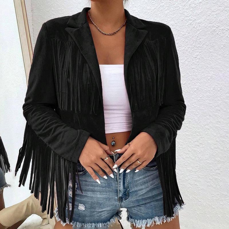 Boho Fringe Lapel Jacket - Stylish Tassel Detail