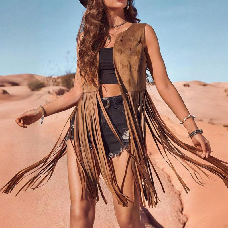 Elegant Western Fringe Vest - Round Neck Side Slit Hem With Boho Tassel Details