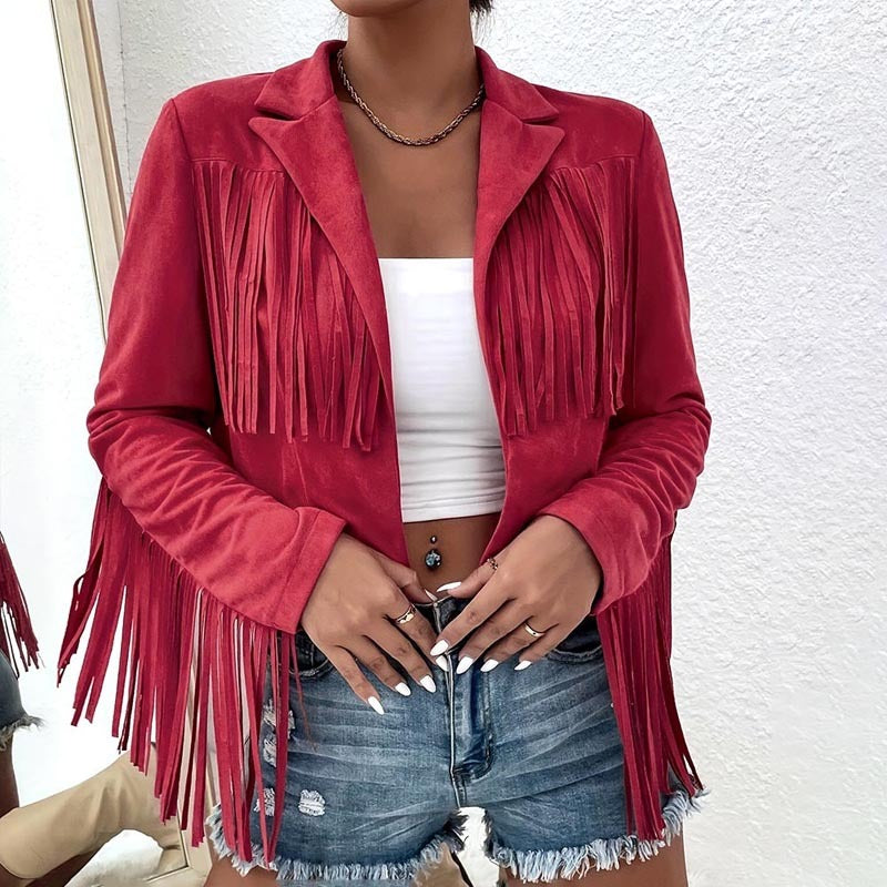 Boho Fringe Lapel Jacket - Stylish Tassel Detail