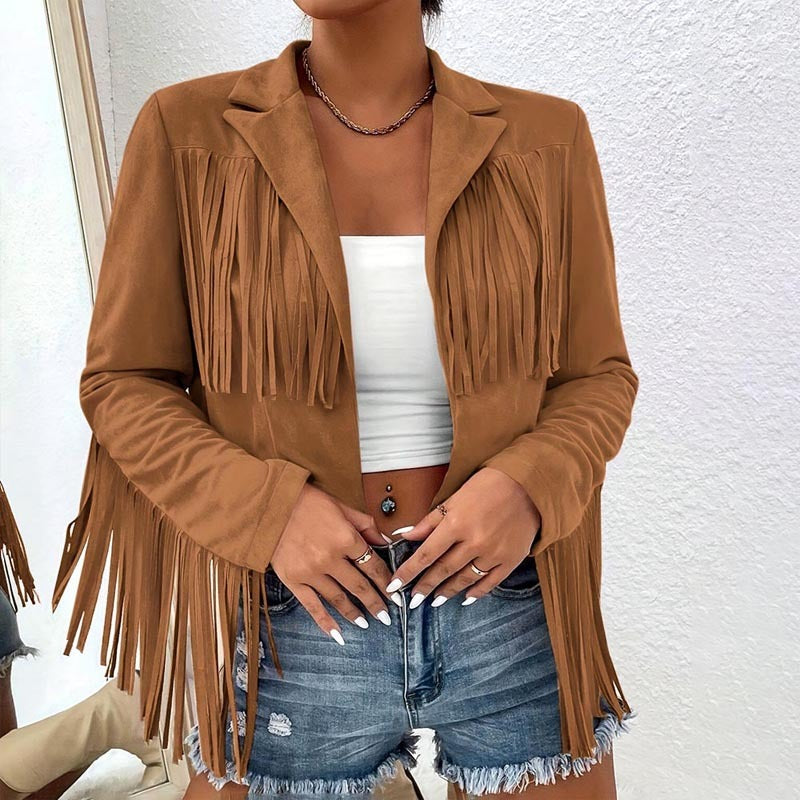 Boho Fringe Lapel Jacket - Stylish Tassel Detail