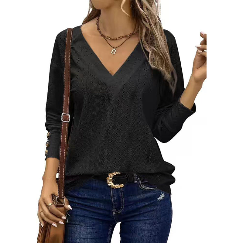 Boho Chic Long Sleeve Eyelet V-Neck Top