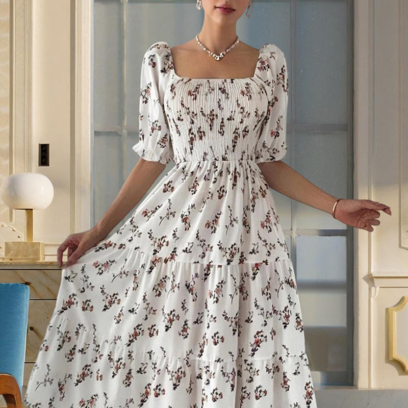 Boho Floral Smocked Summer Dress – Square Neck & Ruffled Sleeves