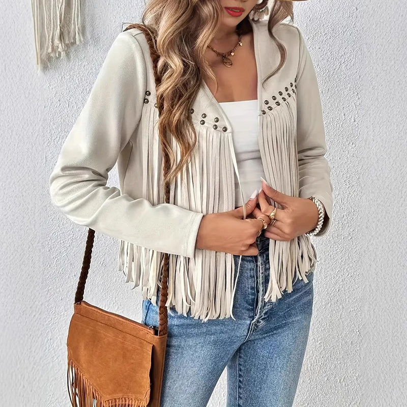 Western Fringe Crop Jacket - Open Front Cardigan