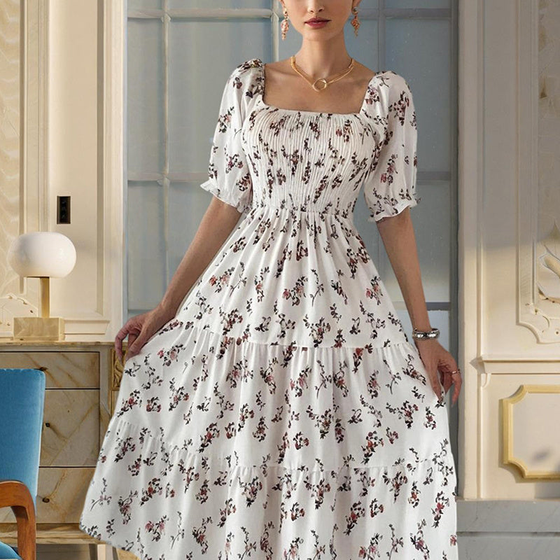 Boho Floral Smocked Summer Dress – Square Neck & Ruffled Sleeves