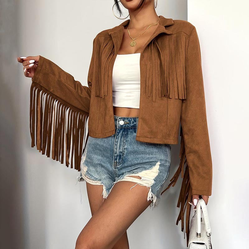 Boho Fringe Lapel Jacket - Stylish Tassel Detail