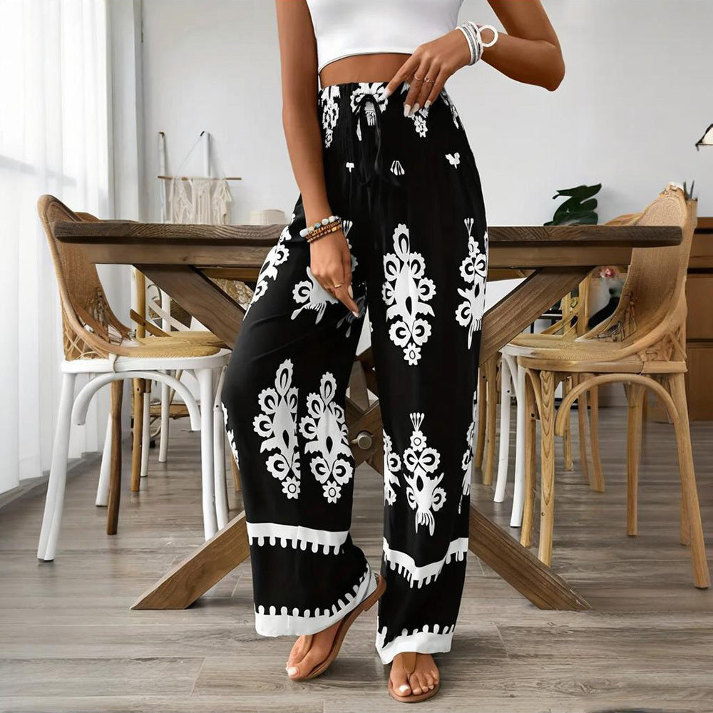 Santorini Days Elegant Women's High-Waisted Wide-Leg Pants With White Geometric Print - Casual Summer Trousers