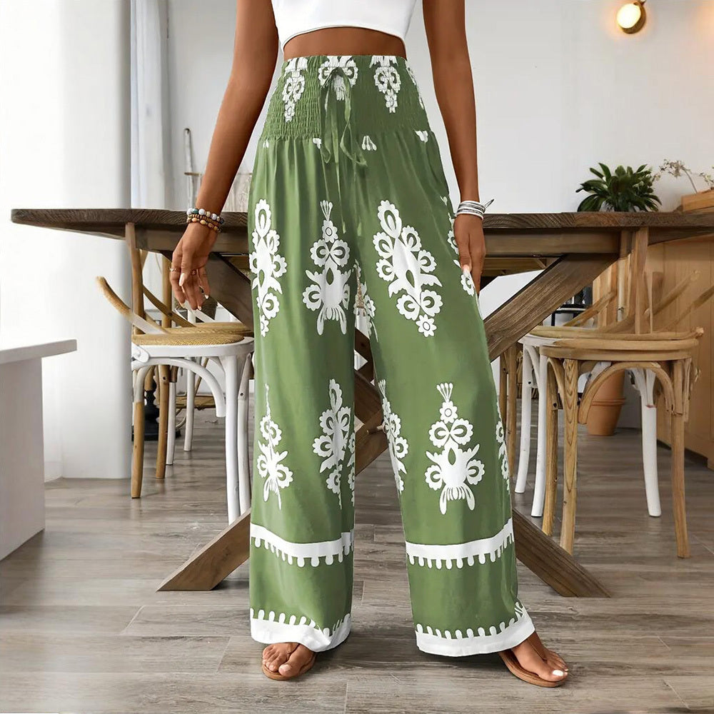 Santorini Days Elegant Women's High-Waisted Wide-Leg Pants With White Geometric Print - Casual Summer Trousers