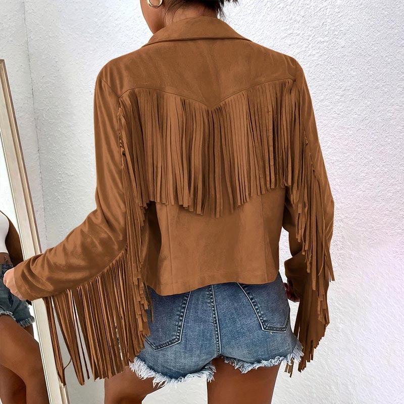 Boho Fringe Lapel Jacket - Stylish Tassel Detail