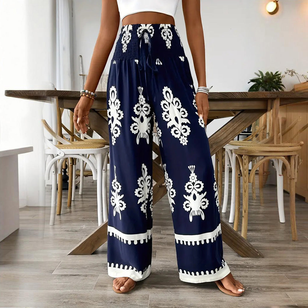 Santorini Days Elegant Women's High-Waisted Wide-Leg Pants With White Geometric Print - Casual Summer Trousers