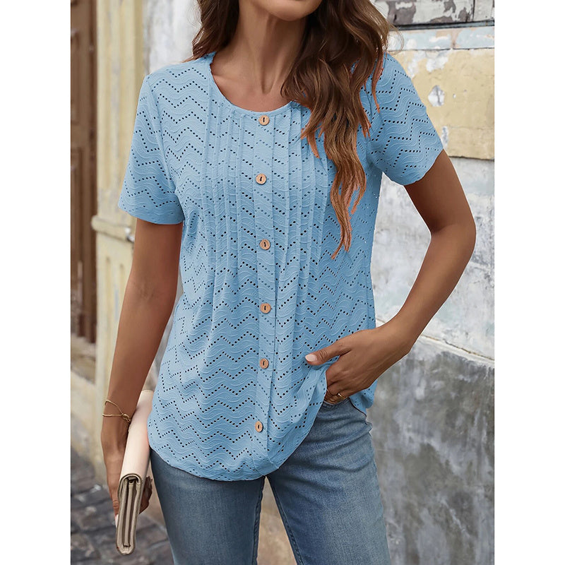 Summer Vibes Pleated Button Crew Neck Summer Top