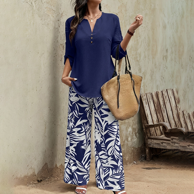 Breezy Elegant Long Sleeve Top & Leaf Print Pants Set