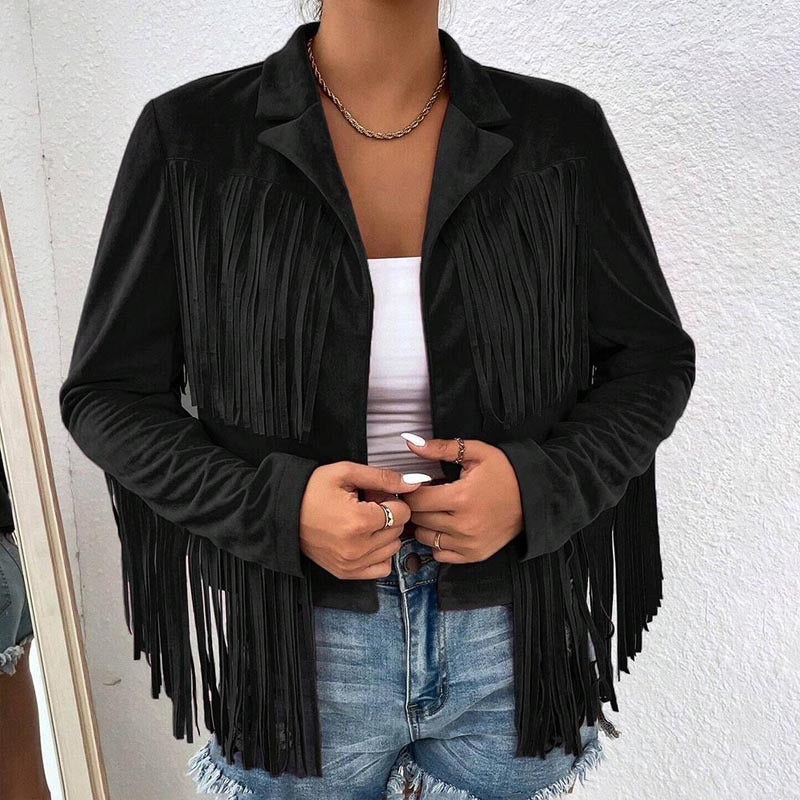 Boho Fringe Lapel Jacket - Stylish Tassel Detail