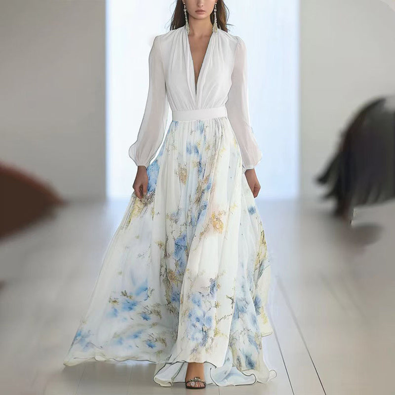 Boho Floral V-Neck Maxi Dress – Long Sleeve Summer Vacation Dress