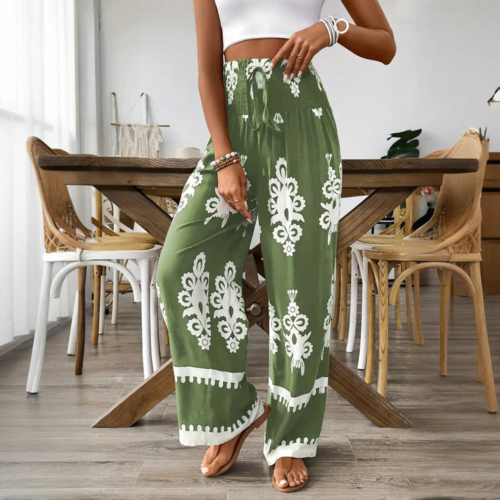 Santorini Days Elegant Women's High-Waisted Wide-Leg Pants With White Geometric Print - Casual Summer Trousers
