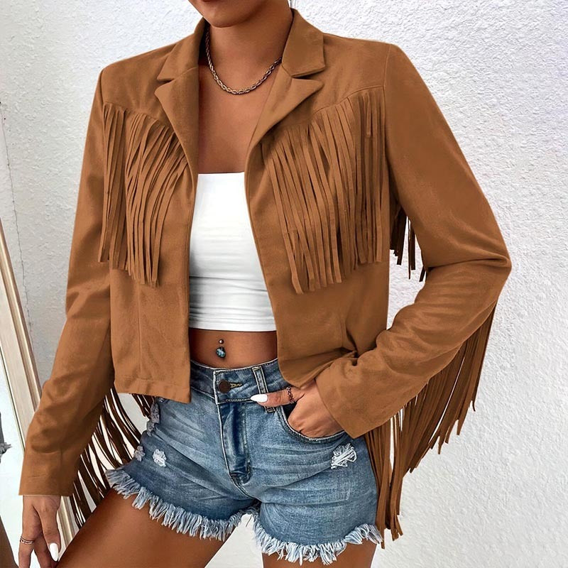 Boho Fringe Lapel Jacket - Stylish Tassel Detail