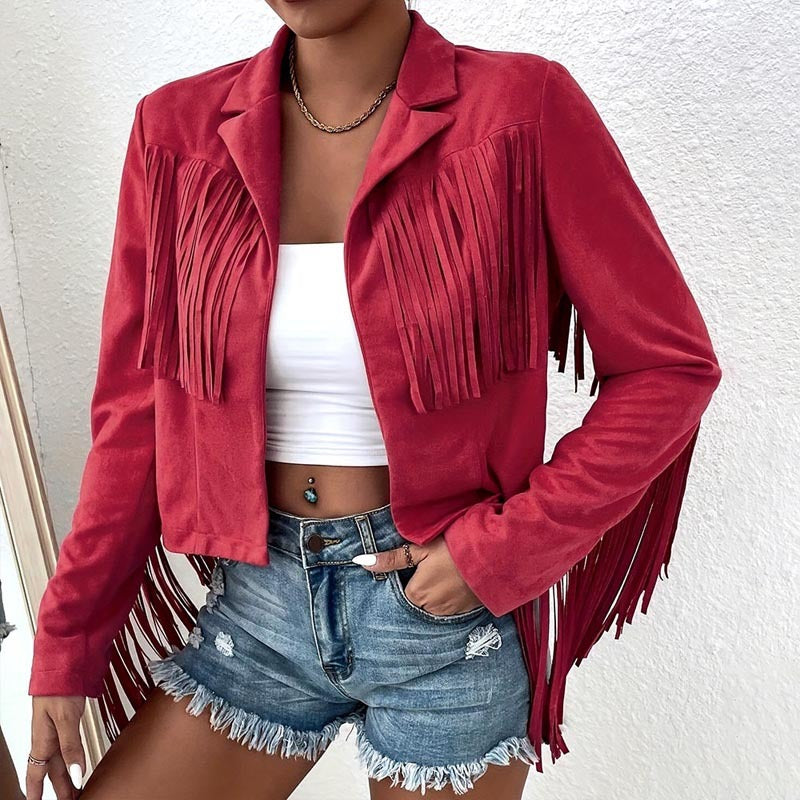 Boho Fringe Lapel Jacket - Stylish Tassel Detail