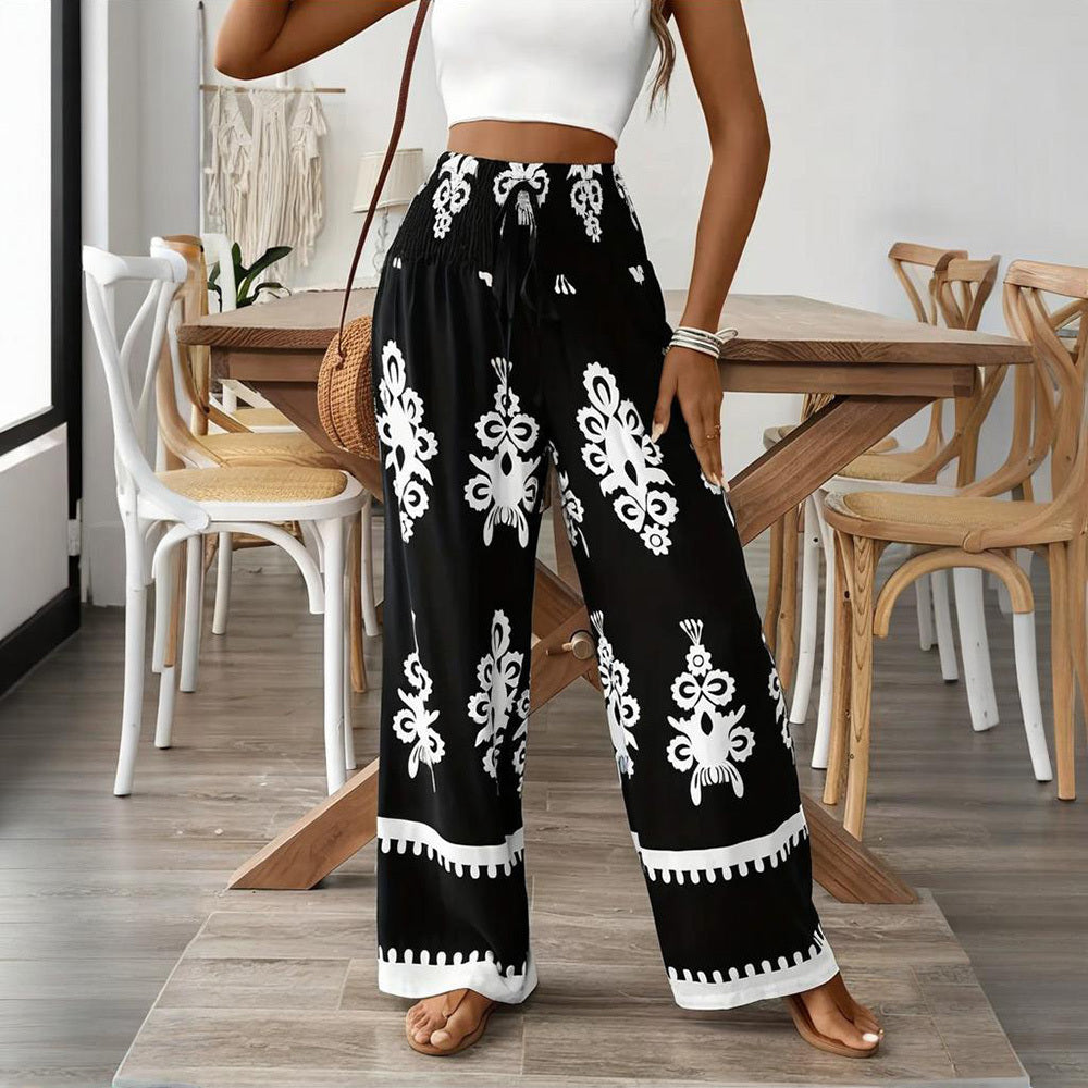 Santorini Days Elegant Women's High-Waisted Wide-Leg Pants With White Geometric Print - Casual Summer Trousers