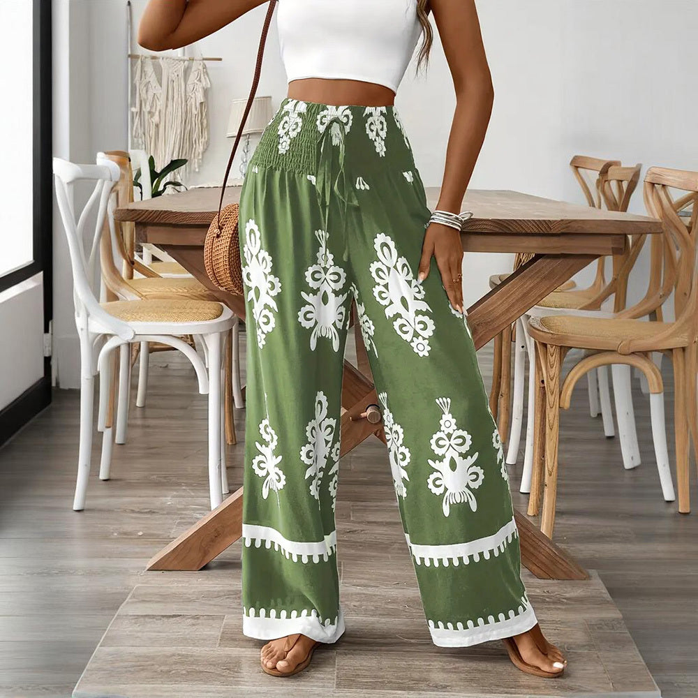 Santorini Days Elegant Women's High-Waisted Wide-Leg Pants With White Geometric Print - Casual Summer Trousers