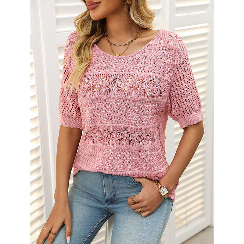 Boho Crochet Knit Sweater Top – Short Sleeve Hollow Out Blouse