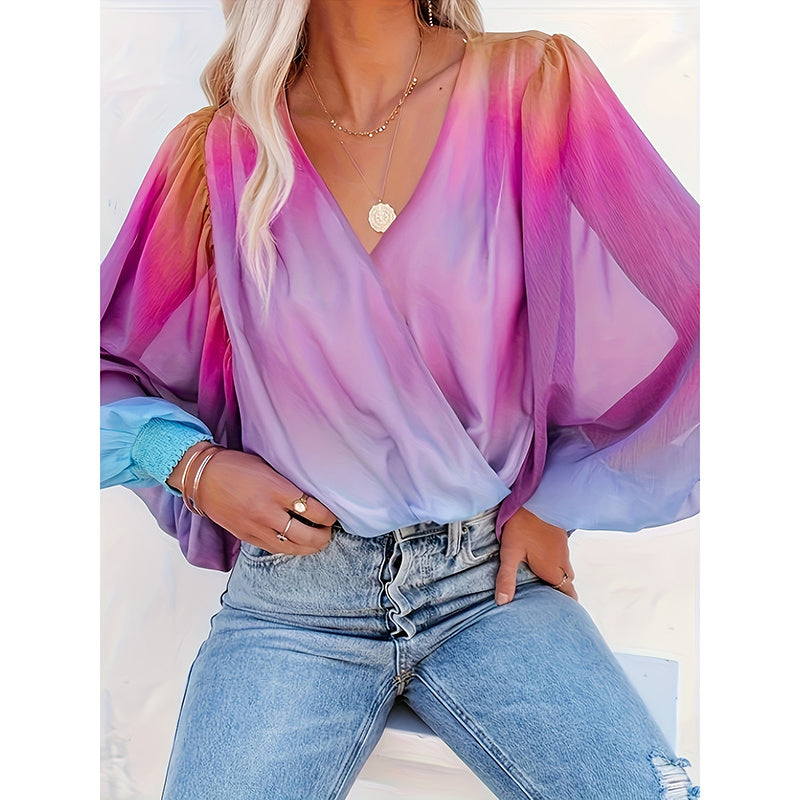 Pastel V-Neck Gradient Color Long Sleeve Top - Summer Casual Loose Puff Sleeve Chiffon Blouse
