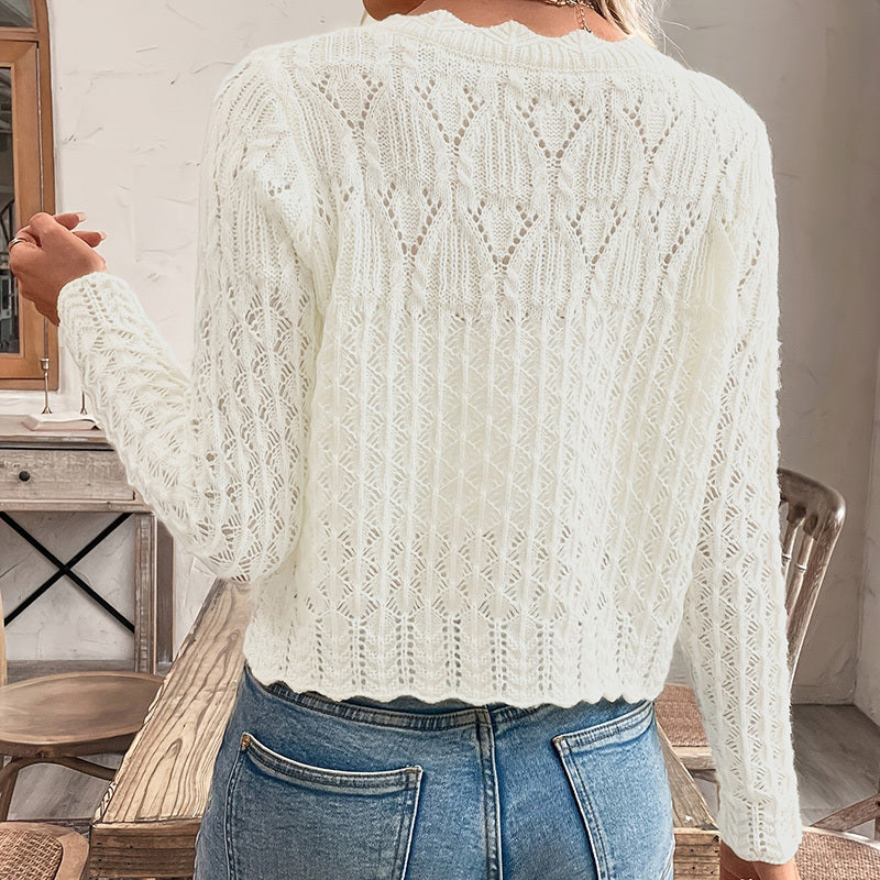 Elegant Round Neck Cardigan Top - Button Front Openwork Knit