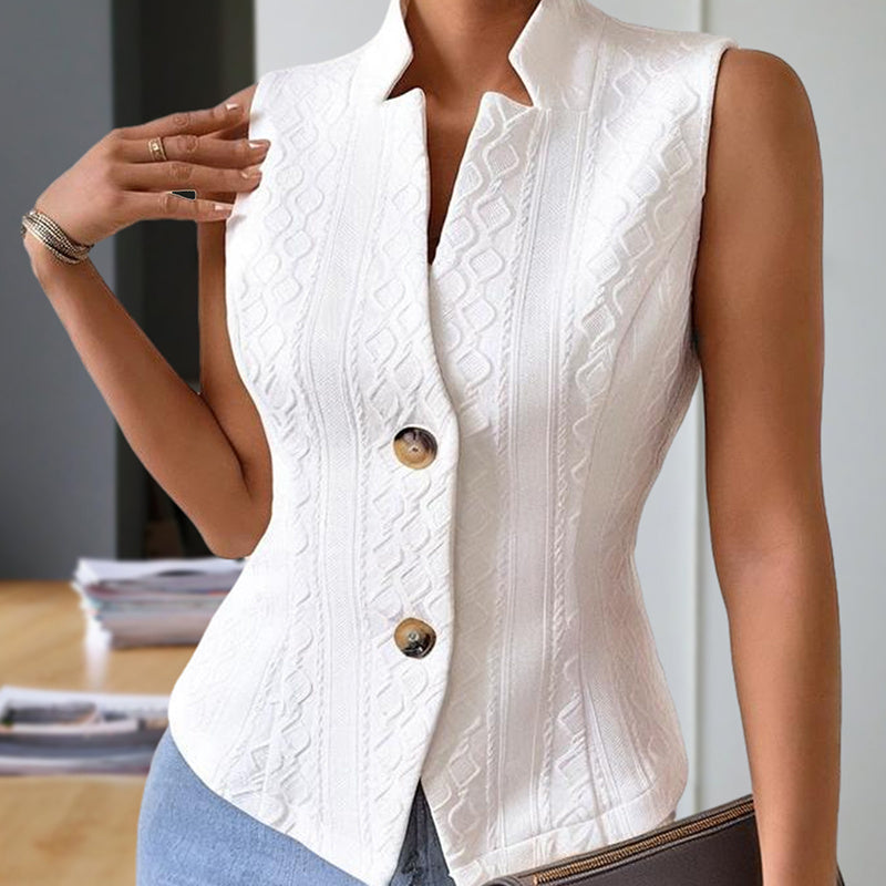Elegant Ribbed Sleeveless Vest – Stand Collar & Button Accents