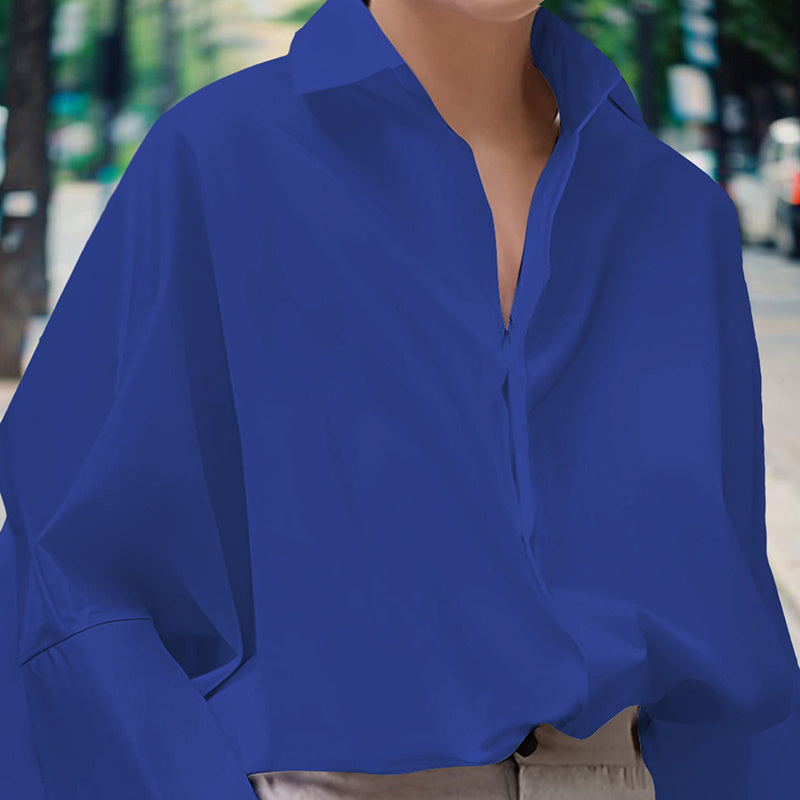 Women’s Puff Sleeve V-Neck Button-Down Blouse – Solid Color Long Sleeve Shirt
