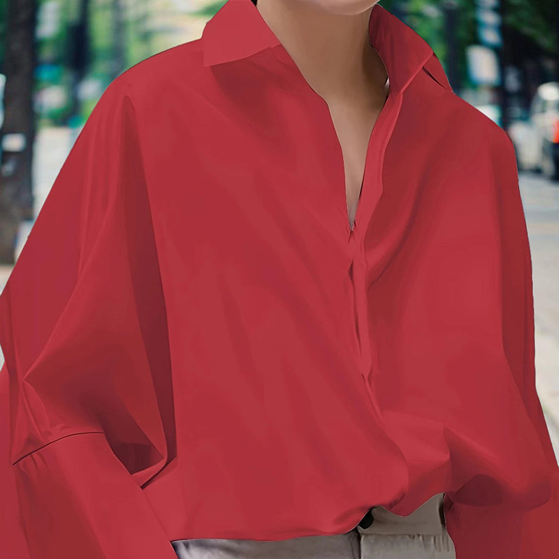 Women’s Puff Sleeve V-Neck Button-Down Blouse – Solid Color Long Sleeve Shirt