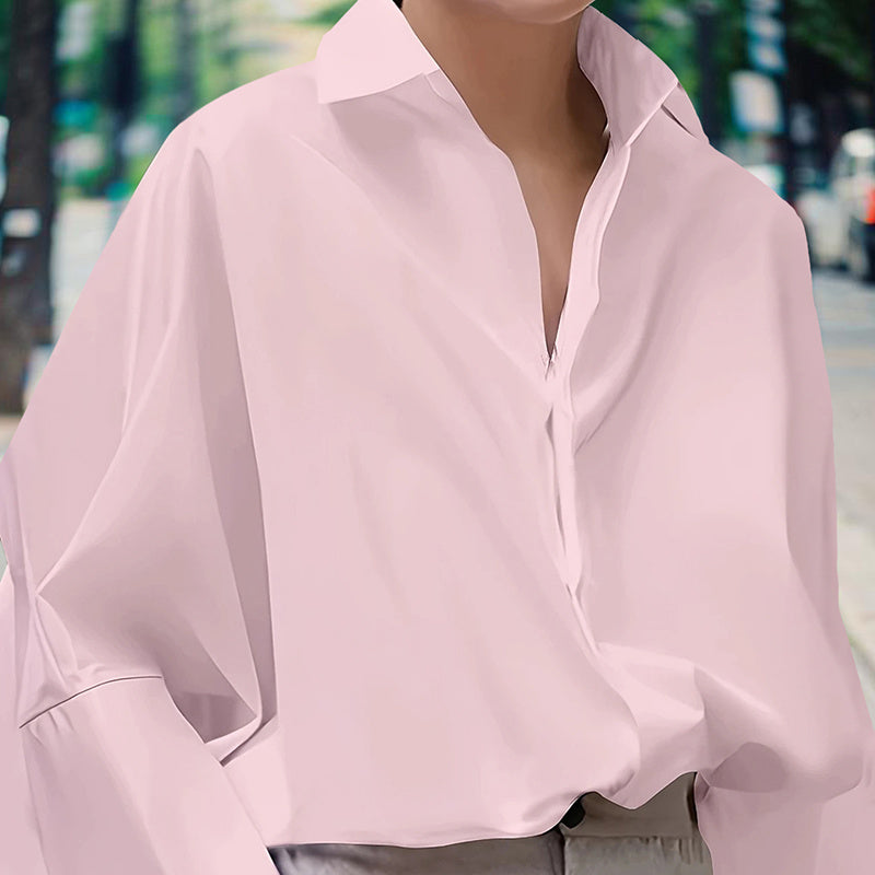 Women’s Puff Sleeve V-Neck Button-Down Blouse – Solid Color Long Sleeve Shirt